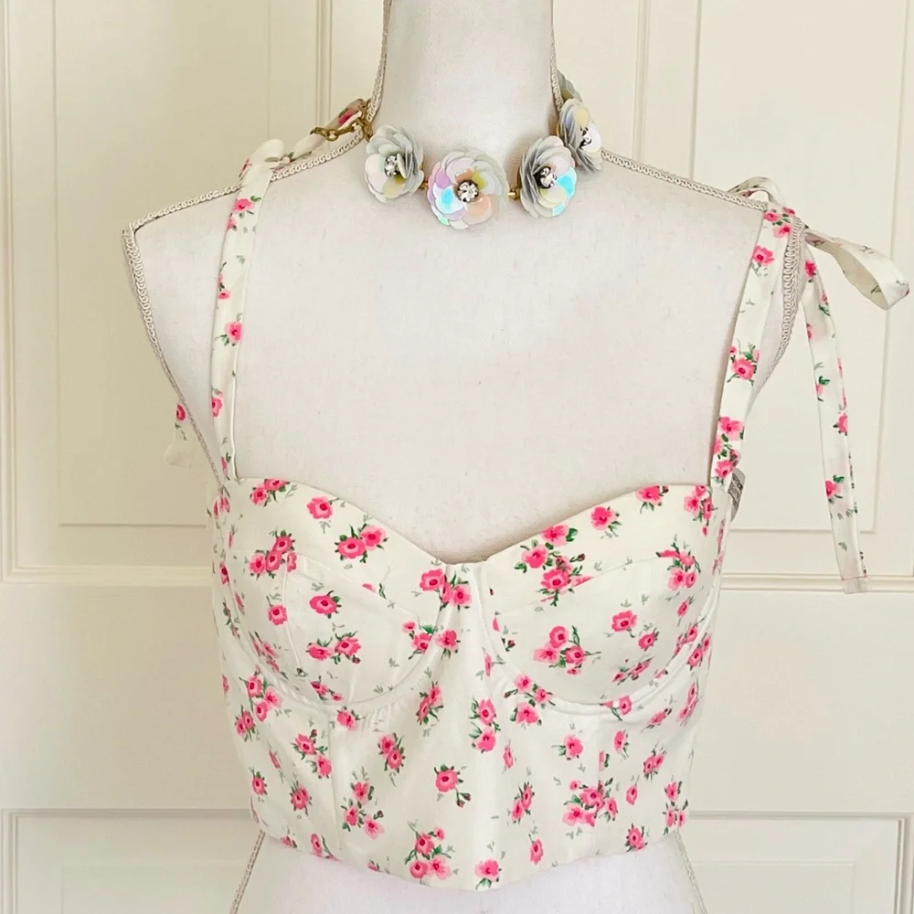 NWT Zara pink white floral crop top L - Picture 1 of 11